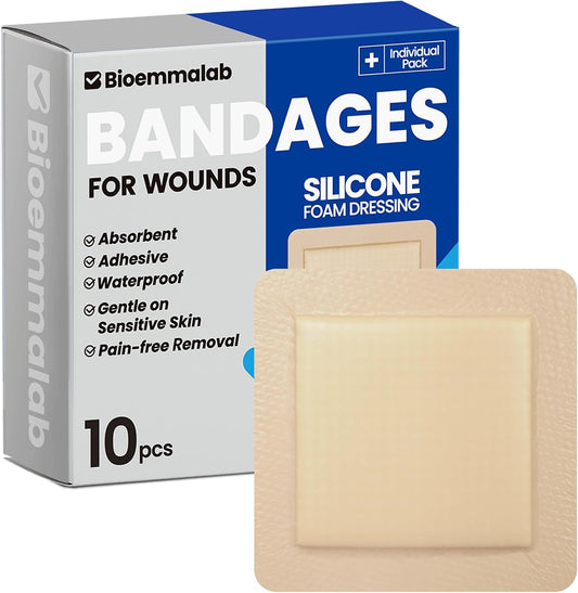 Large Waterproof Bandages 6x6 Silicone Foam Dressing for Sensitive Skin Wound Care, Adhesive Cohesive Pad with Border for First Aid, Post Surgical and Burn, Pressure, Scar Healing (10 PCS)