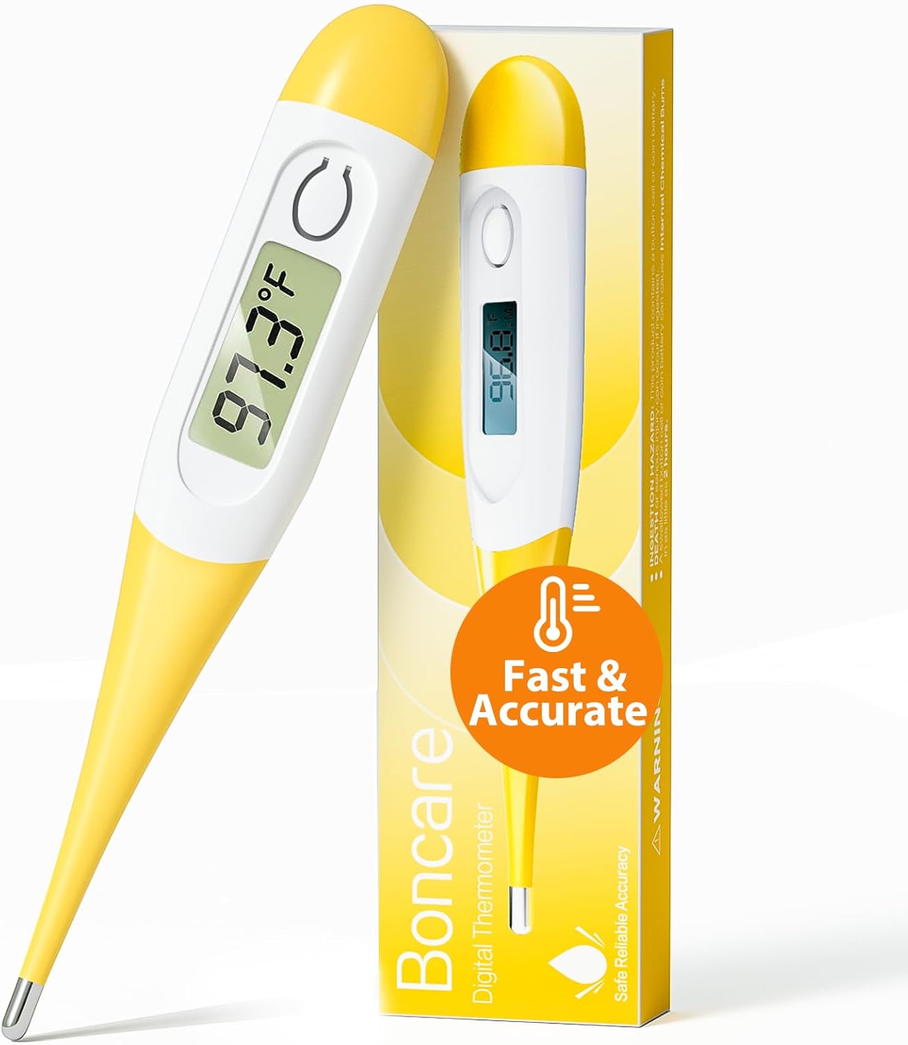 Boncare 10 Seconds Digital Thermometer for Adults and Kids - Accurate & Safe Rectal Thermometer for Baby with Fever Alarm, Oral Thermometer (Yellow)