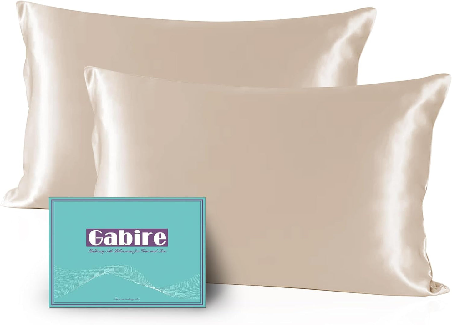 Mulberry Silk Pillowcases Set of 2, Both Sides Real Silk Pillow Covers for Hair and Skin Cool Pillowcase Organic Silk Pillowcase 2 Pack with Hidden Zipper, Champagne, King (20"×36")