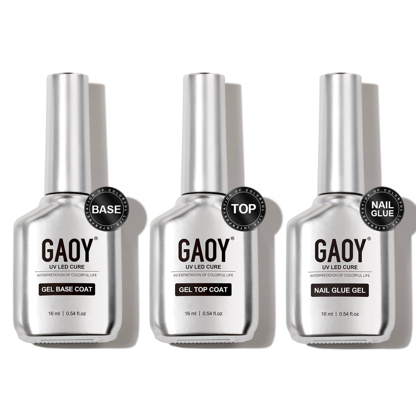 GAOY Gel Top Coat, Nail Glue Gel and Base Coat Set, 3 Pcs 16ml Clear Glossy No Wipe Combination for UV Light Cure