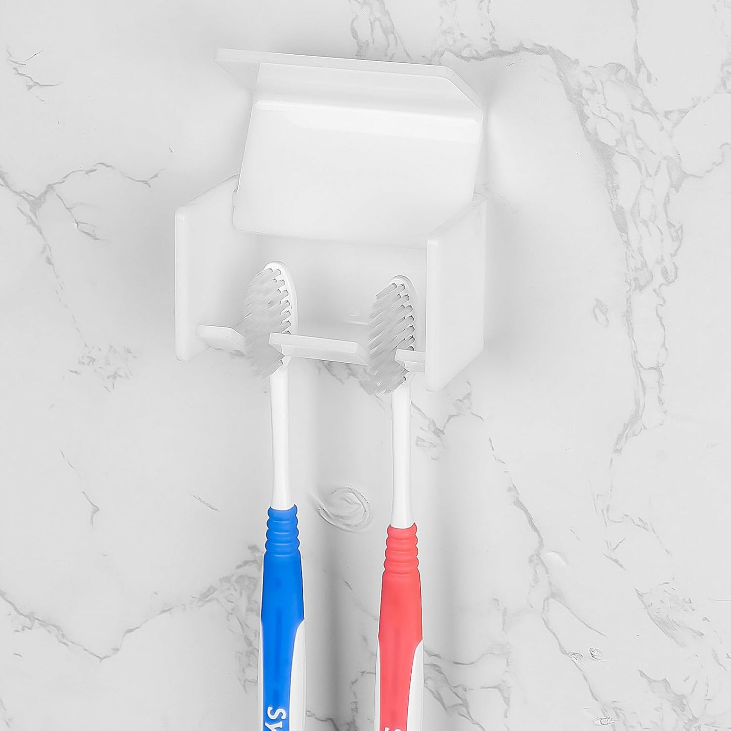 2 Pack Toothbrush Holder Wall Mounted with Cover for Bathroom, 2 Slots Toothbrush Storage Organizer for Shower, Self Adhesive Toothbrush Hanger Rack for Dorm, Cabinet (White)