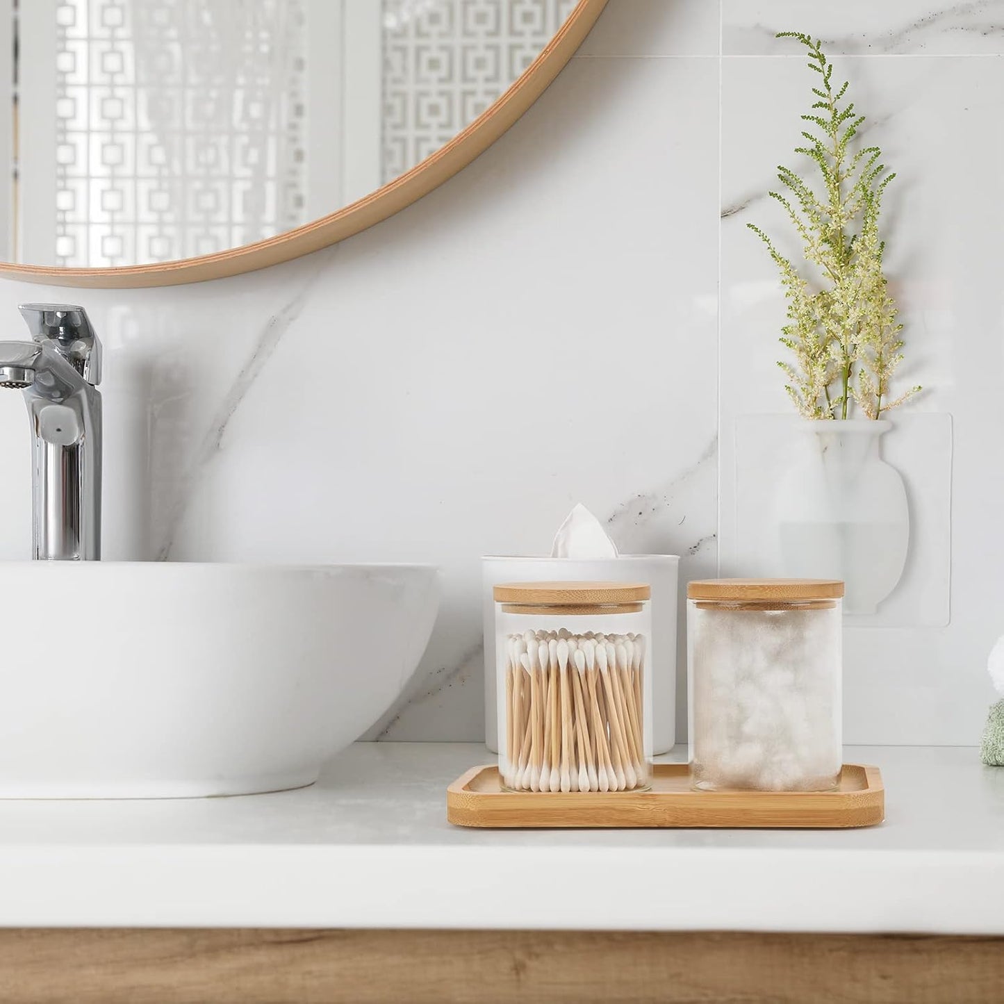 Bamboo Vanity Tray, Bathroom Tray Organizer Glass Qtip Holder Dispenser Apothecary Jars for Cotton Swabs Balls, Round Pad, Perfume Candles, Cosmetics and Jewelry Storage Organizer