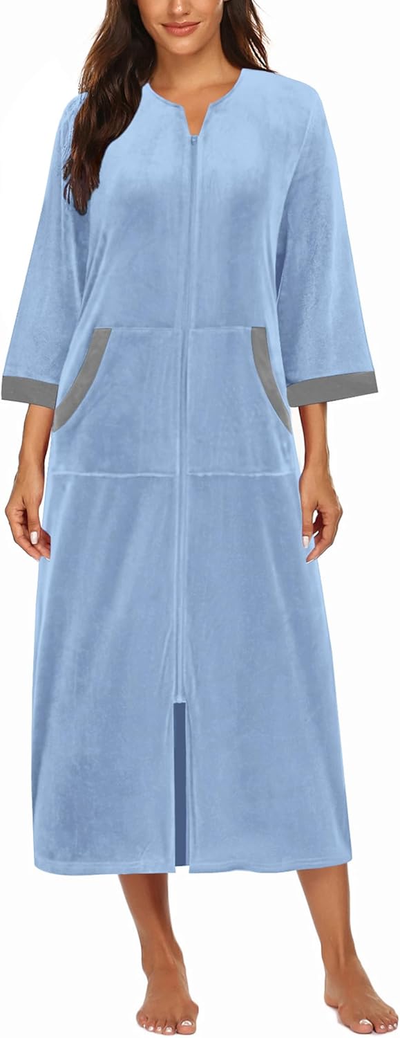 Ekouaer Women Zipper Robe 3/4 Sleeves Loungewear Dress Full Length Sleepwear Pockets Housecoat Nightgown Long Bathrobe