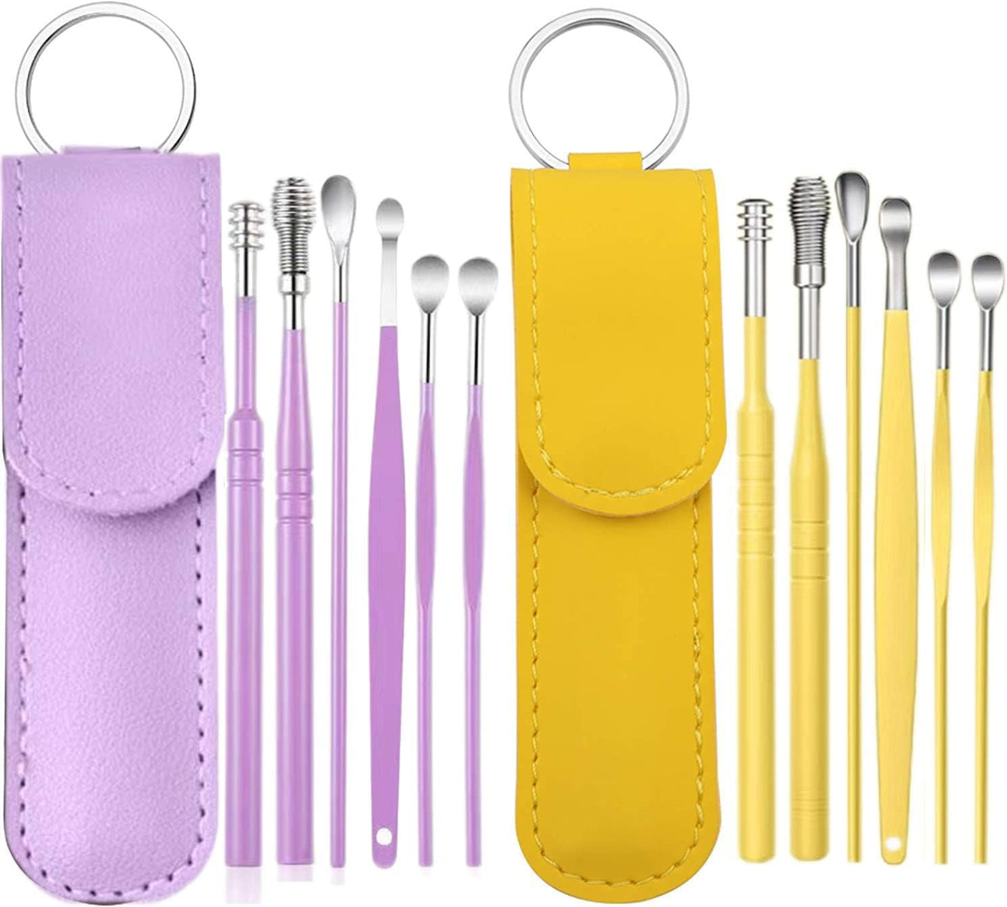 12 Pcs Ear Pick Earwax Removal Kit, Ear Cleaning Tool, Stainless Steel Earwax Removal Tool with Leather Storage Box (Yellow&Purple)