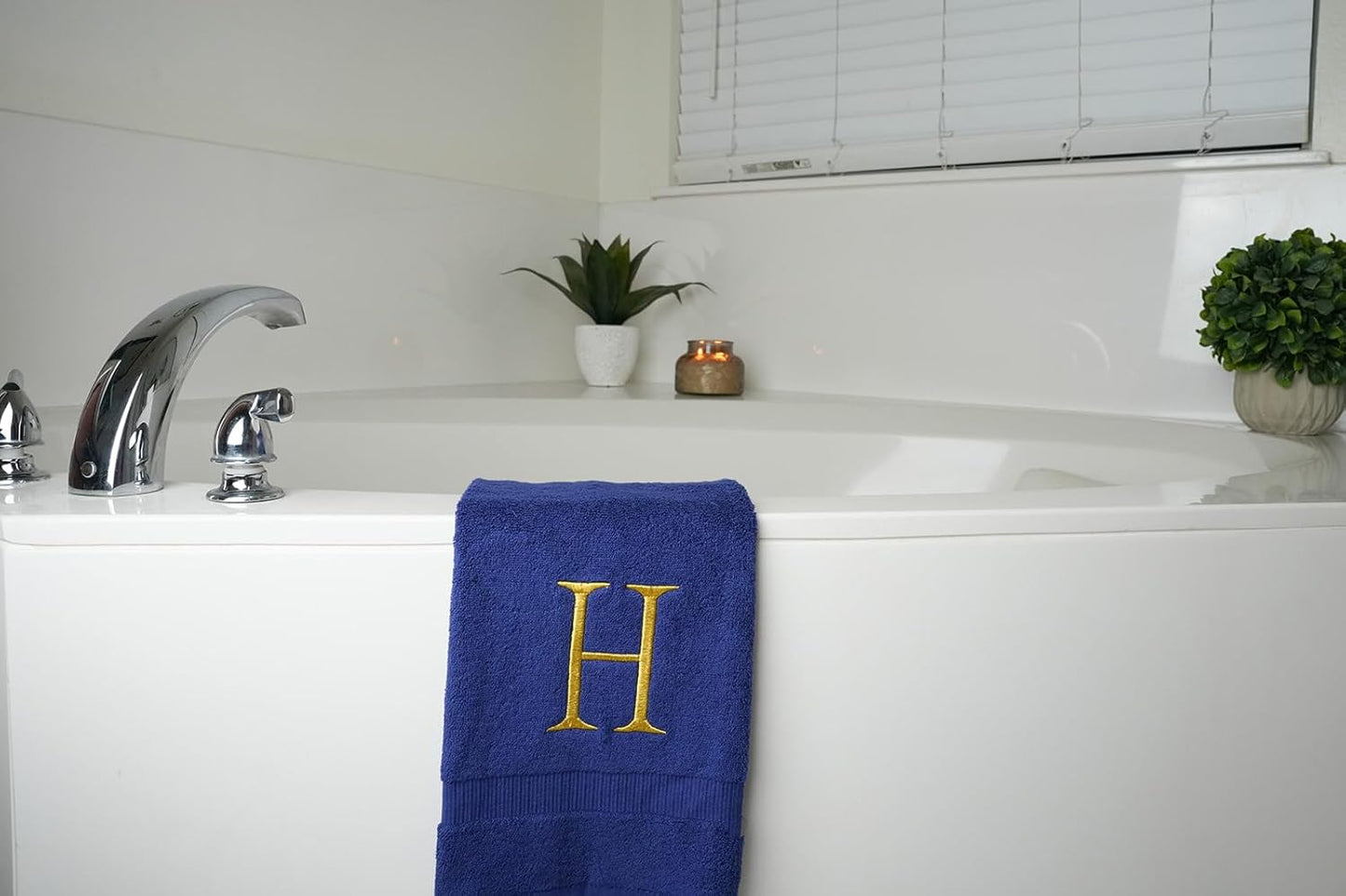 Gold and Navy Monogrammed Hand Towel - Monogram Initial Hotel Quality Decorative Embroidered Luxury Towel for Powder Room, Spa - GOTS Organic Certified - Pack of 2, Letter H