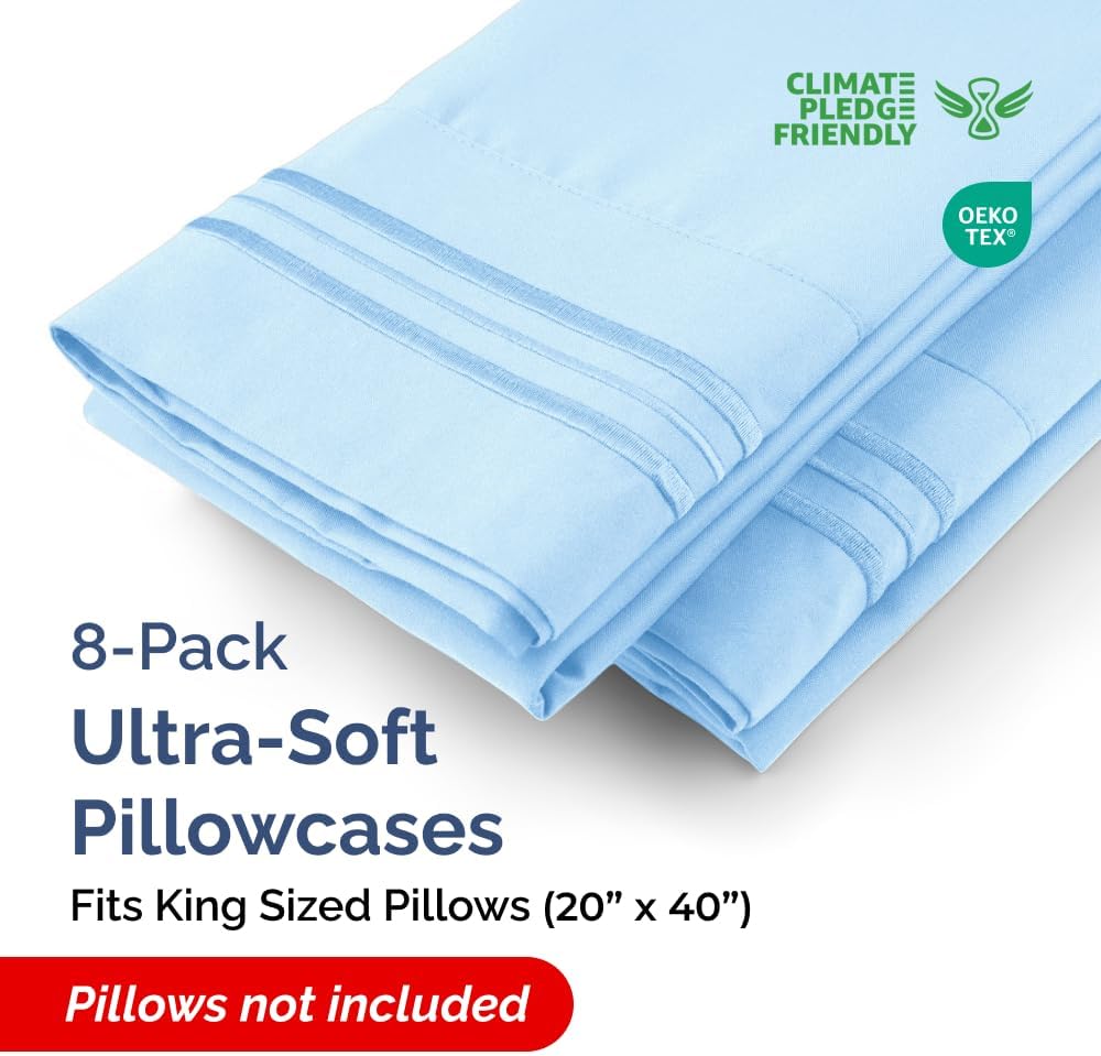 King Pillow Cases Set of 8 - Ultra Soft Hotel Quality Pillowcase Covers - Comfy. Cozy & Wrinkle Free - Shrink, Stain and Fade Resistant - Machine Washable Pillow Protectors - 8 Piece Set - Light Blue