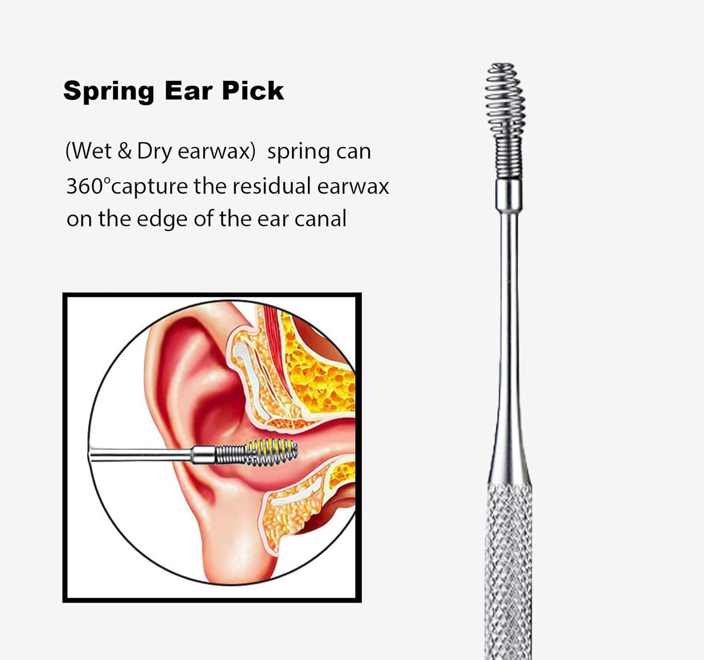 Ear Wax Removal kit, 4 Pcs Stainless Metal Earwax Removal Tool for Adults with Ear Spoon & Spiral Spring, Ear Cleaning Reusable