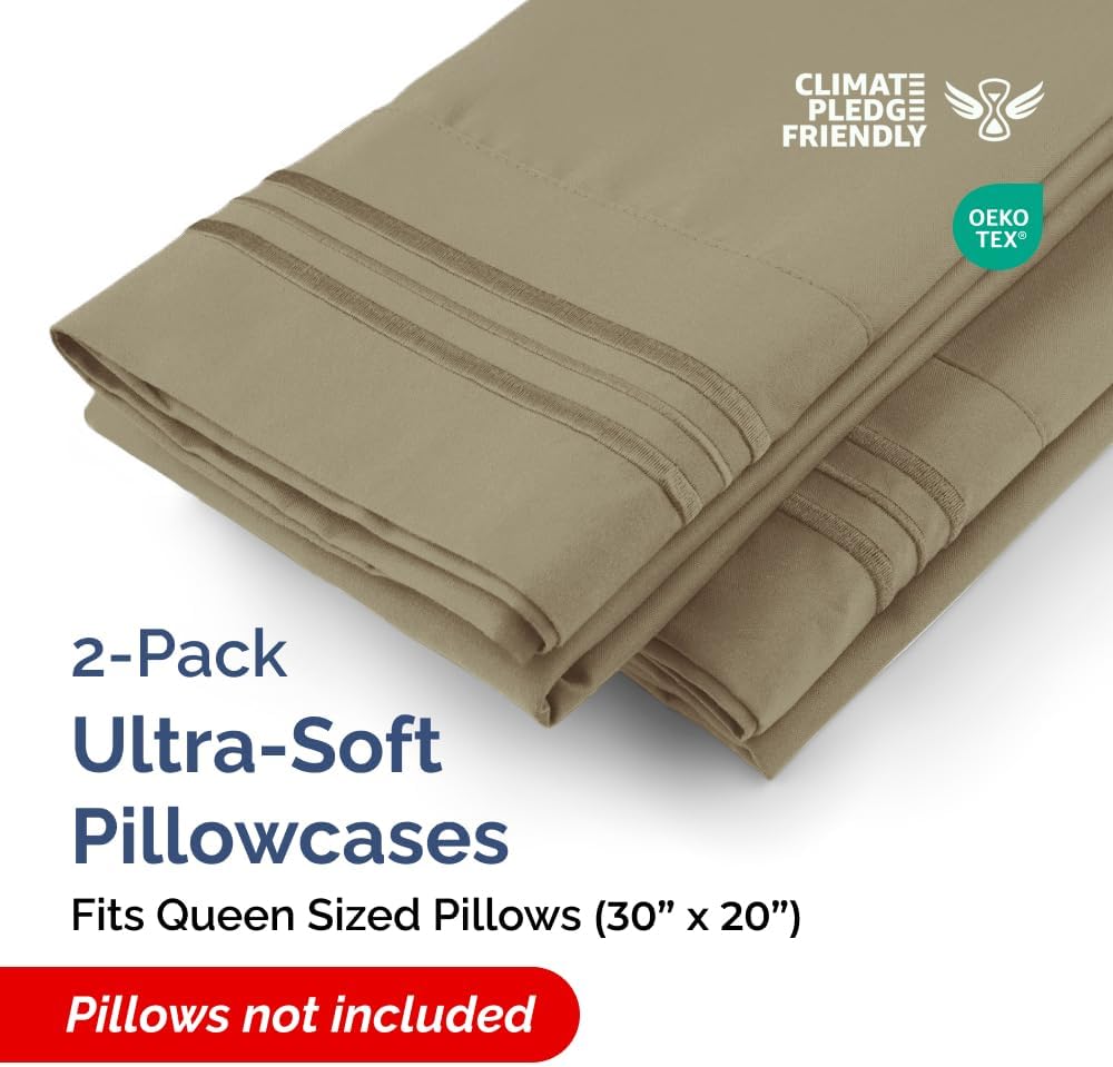 Queen Pillow Cases Set of 2 - Ultra Soft Hotel Quality Pillowcase Covers - Comfy, Cozy & Wrinkle Free - Shrinkage, Stain and Fade Resistant - Machine Washable Pillow Protectors - 2 Piece Set - Khaki