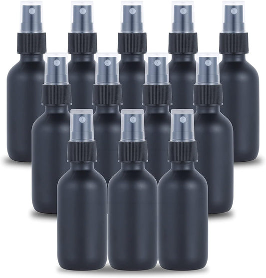 2oz Glass Spray Bottle, Fine Mist Boston Glass Bottles with Black Fine Mist Sprayer Small Clear Bottles for Essential Oils, Bath, Beauty, Hair & Cleaning, Black, Pack of 12