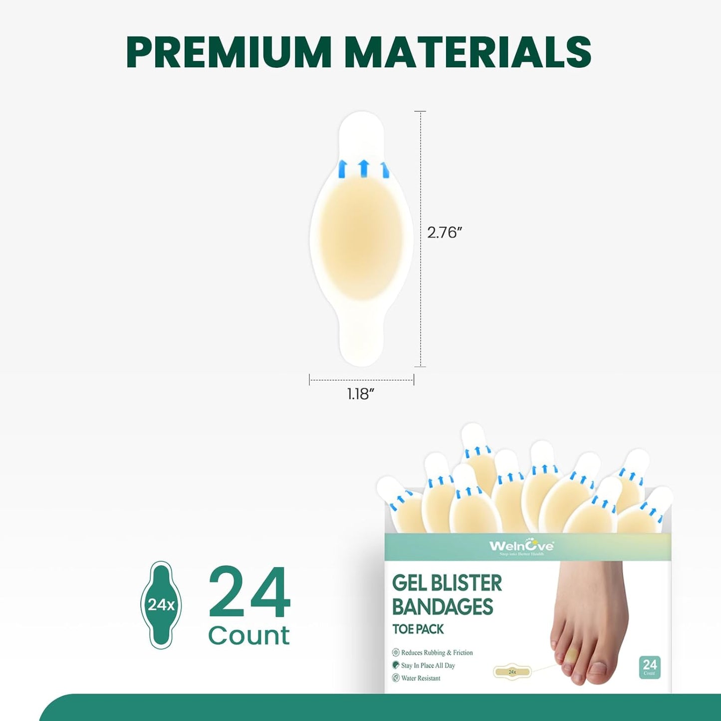 Welnove Gel Blister Bandage - 24 PCS Hydrocolloid Bandages for Prevention & Recovery, Blister Cushions for Heel, Toes & Foot, Blister Bandages for High Heels, Sandals, Wedding, Party (Toe Pack)