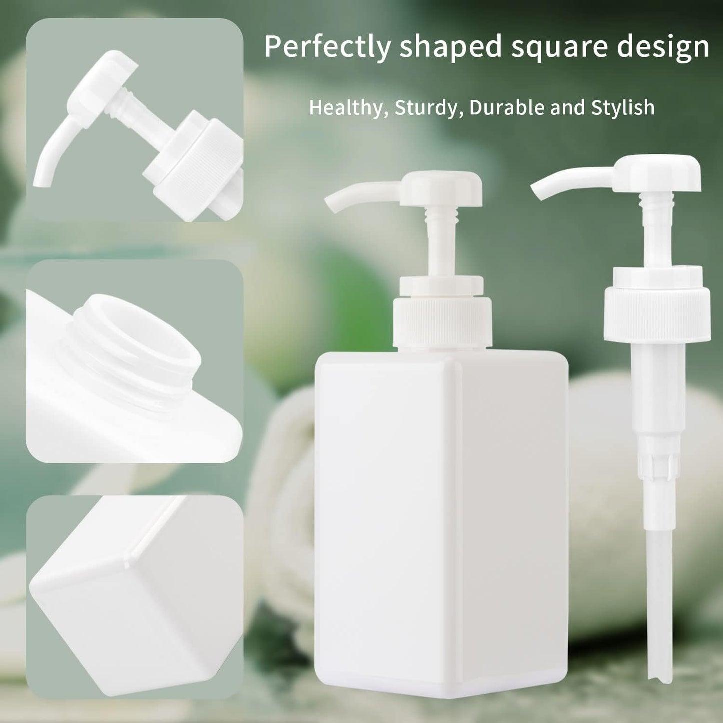 450ml (15.2oz) Pump Bottle Dispenser Jansburg 2Pack Refillable Square Plastic Lotion Dispenser Empty Lotion Pump Bottle for Essential Oil Soap Lotion Shampoo, Bathroom/Kitchen/Travel White