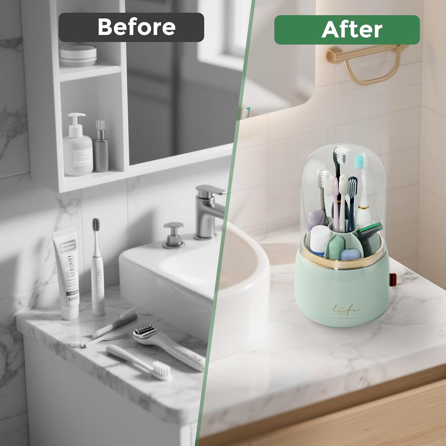 Toothbrush Holders for Bathrooms, Rotating 7 Slots Toothbrush Holder with Cover, Kids Electric Toothbrush and Toothpaste Holders for Caddy for Bathroom Vanity, Sink, Countertop, Light Green