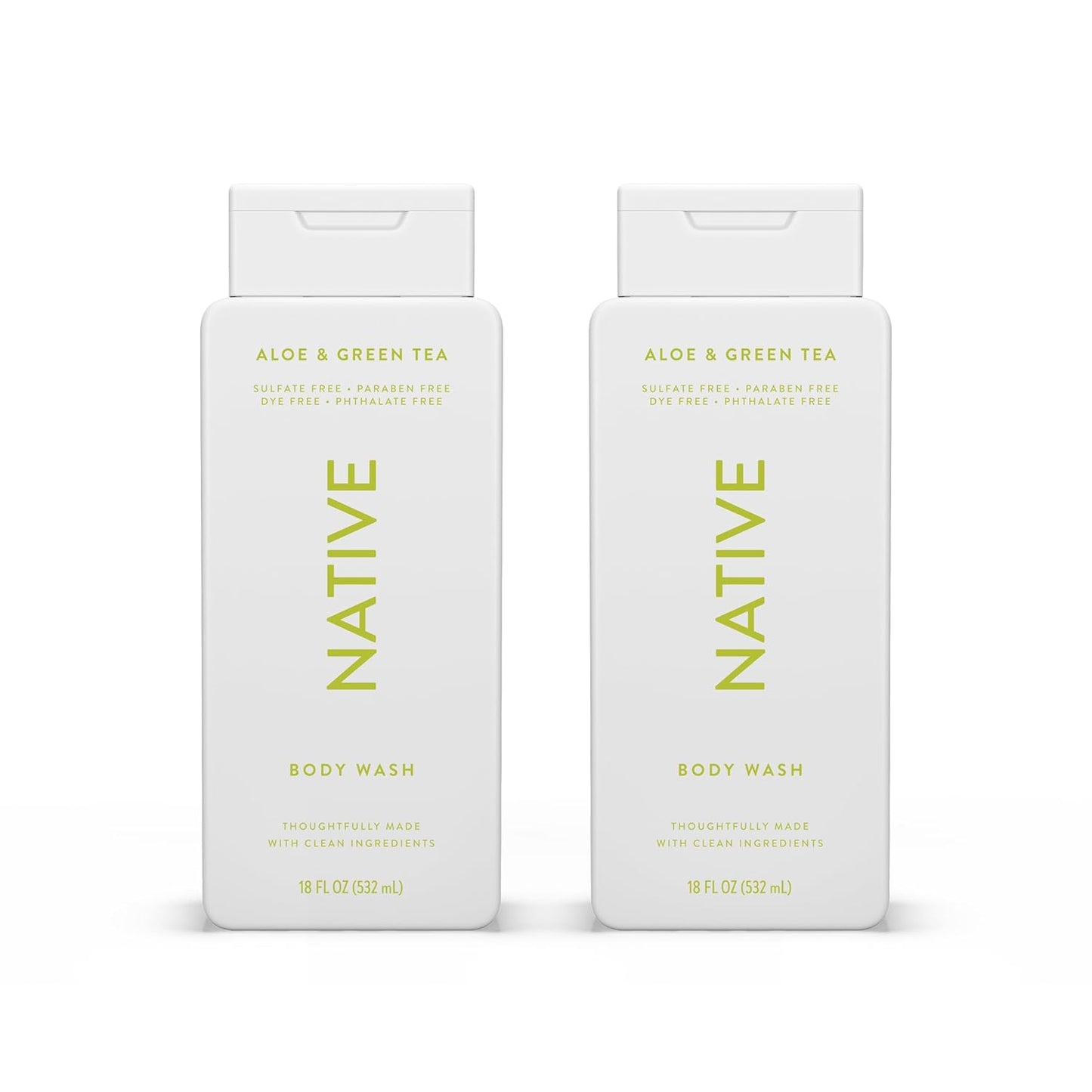 Native Body Wash Contains Naturally Derived Ingredients | For Women & Men, Sulfate, Paraben, & Dye Free Leaving Skin Soft and Hydrating |Aloe & Green Tea 18 oz - 2 Pk