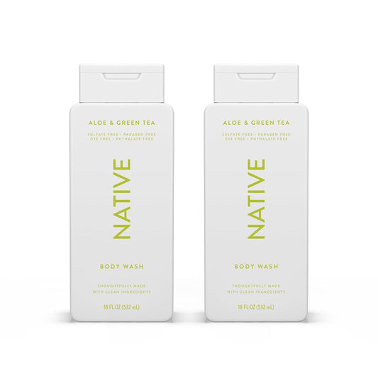 Native Body Wash Contains Naturally Derived Ingredients | For Women & Men, Sulfate, Paraben, & Dye Free Leaving Skin Soft and Hydrating |Aloe & Green Tea 18 oz - 2 Pk