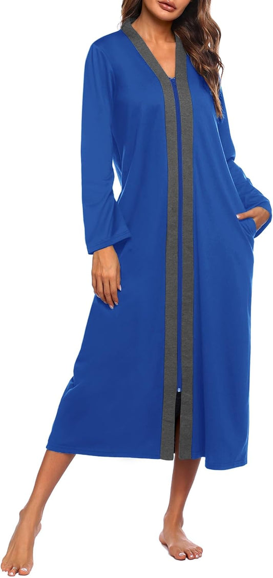 Ekouaer Women Zipper Robe Long Sleeve Loungewear Lightweight Housecoat Full Length Nightgown with Pockets