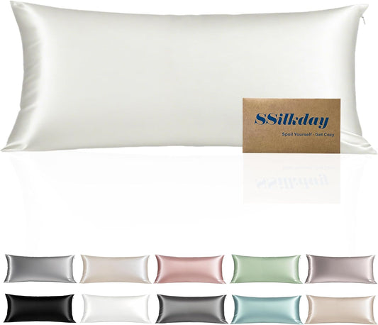 Mulberry Silk Body Pillow Pillowcase with Zipper, Ultra Smooth Soft Breathable Cooling Pillow Cases for Hot Sleepers, Silk Satin Body Pillow Cover for Hair and Skin (Ivory, 20×54 Inches, 1 Pack)