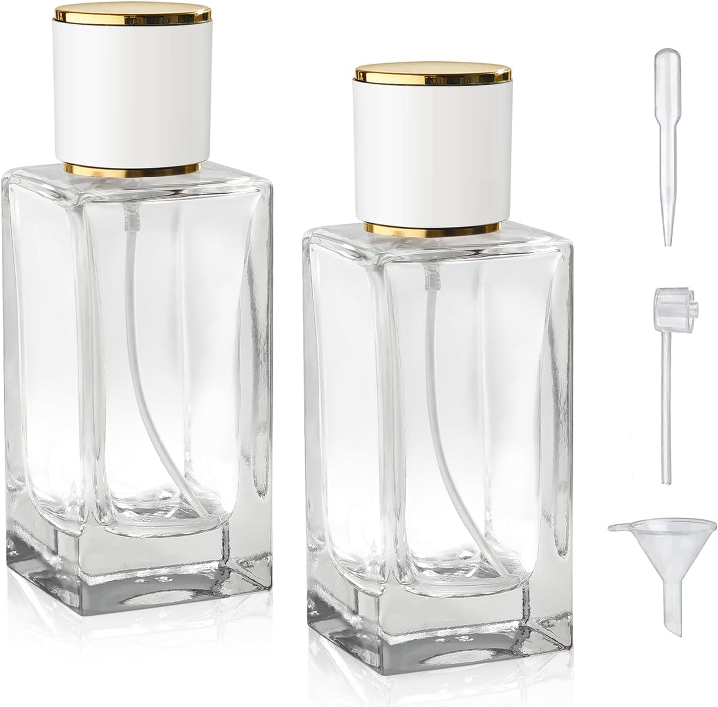 2 Pack 50ml/1.7 Oz Glass Spray Bottle Perfume Atomizer,Empty Travel Refillable Perfume Spray Bottle with 3 Kinds of Dispenser (White Cap, 50ml)