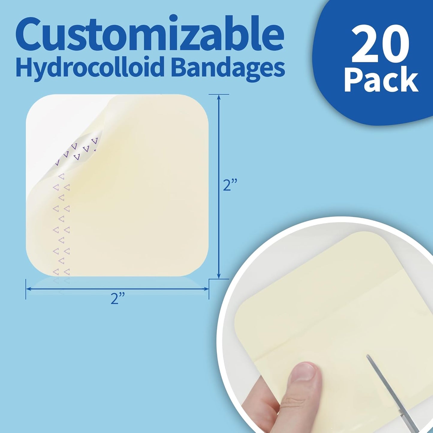 Hydrocolloid Bandages 2" x 2", Waterproof Dressing with Self-Adhesive for Light Exudate Wound, Blister, Acne, Bordered Hydrocolloid Patches for Bed Sores, Abrasions, 20 Pack
