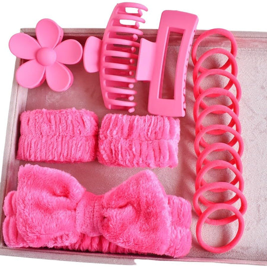 16pcs Skincare Headband Set, Headband Set for Face Washing Spa and Makeup, Including 1 Hairband, Wristband, 3 Hair Claw Clips and 10 Hair Ties, with Box, Gift for Women and Girls, Rose Red