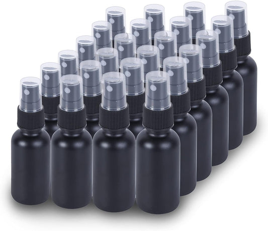 2oz Glass Spray Bottle, Fine Mist Boston Glass Bottles with Black Fine Mist Sprayer Small Clear Bottles for Essential Oils, Bath, Beauty, Hair & Cleaning, Black, Pack of 24