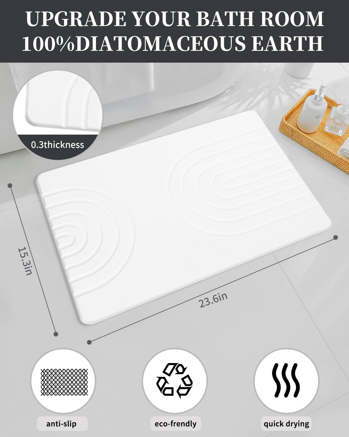 Stone Bath Mat 24"x16" - Diatomaceous Earth Shower Mat, Quick Dry, Anti-Slip, Modern Design with Bonus Non-Slip Pad - Perfect for Home Safety and Style,Gray,Straight
