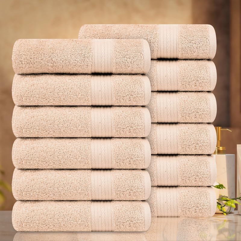 Ample Decor Hand Towel 18 X 28 Inch Pack of 12 600 GSM 100% Cotton, Soft Absorbent Thick Durable Premium Quality, for Hotel, Bathroom, Spa, Daily Use, Gym - Machine Washable - Beige