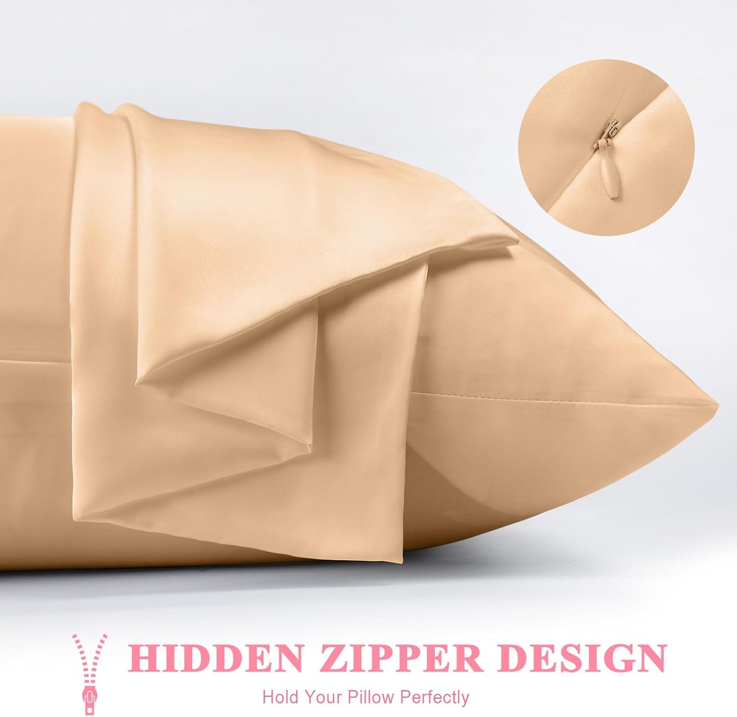 100% Silk Pillowcase 2 Pack for Hair and Skin, Both Sides 23 Momme Grade 6A+ Mulberry Silk Pillowcases with Hidden Zipper, Soft&Smooth Cooling Pillow Cases (Champagne, Queen 20×30)