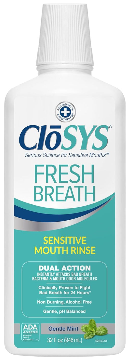 CloSYS Mouthwash, 32 Ounce, Fresh Breath Mouthwash, Gentle Mint, Alcohol Free, Dye Free, pH Balanced Mouth Wash, Helps Soothe Entire Mouth, Fights Bad Breath