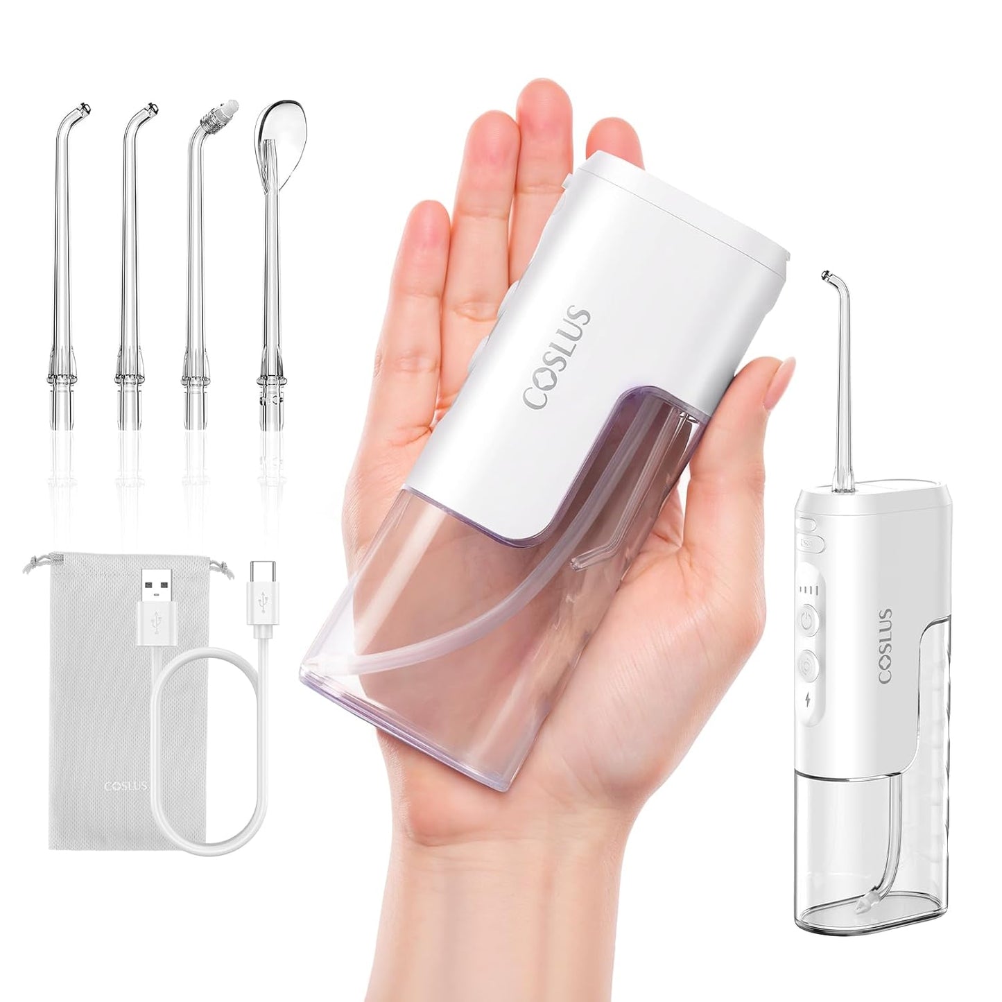 COSLUS Mini Water Flosser for Travel: Portable Compact Design, Cordless Oral Irrigator with 4 Jet Tips Storable, IPX7 Waterproof for Braces, Orthodontic, Sensitive Gums Outing & Home, White, T40