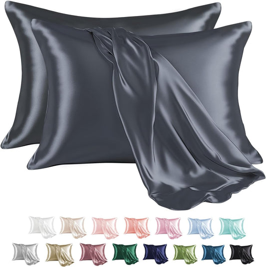 MR&HM Satin Pillowcase for Hair and Skin, Silk Satin Pillowcase 2 Pack, King Size Pillow Cases Set of 2, Silky Pillow Cover with Envelope Closure (20x40, Space Grey)