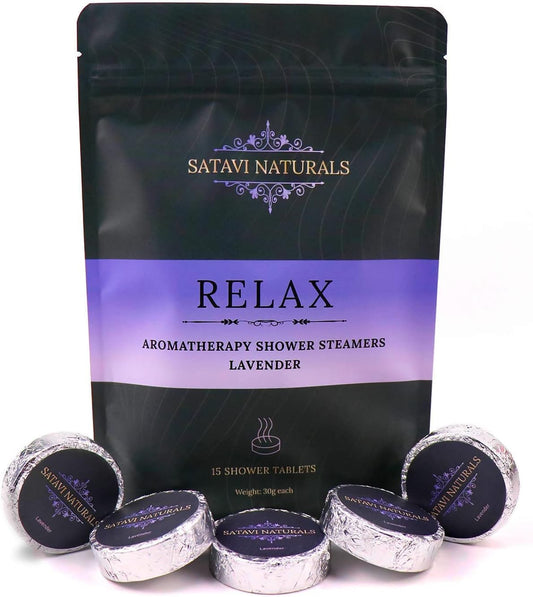 Aromatherapy Shower Steamers (15-Pack) Relax - Lavender Scented Vapor Tabs for Self-Care, Aromatic Shower Bath Bombs, Natural Essential Oils for Women & Men