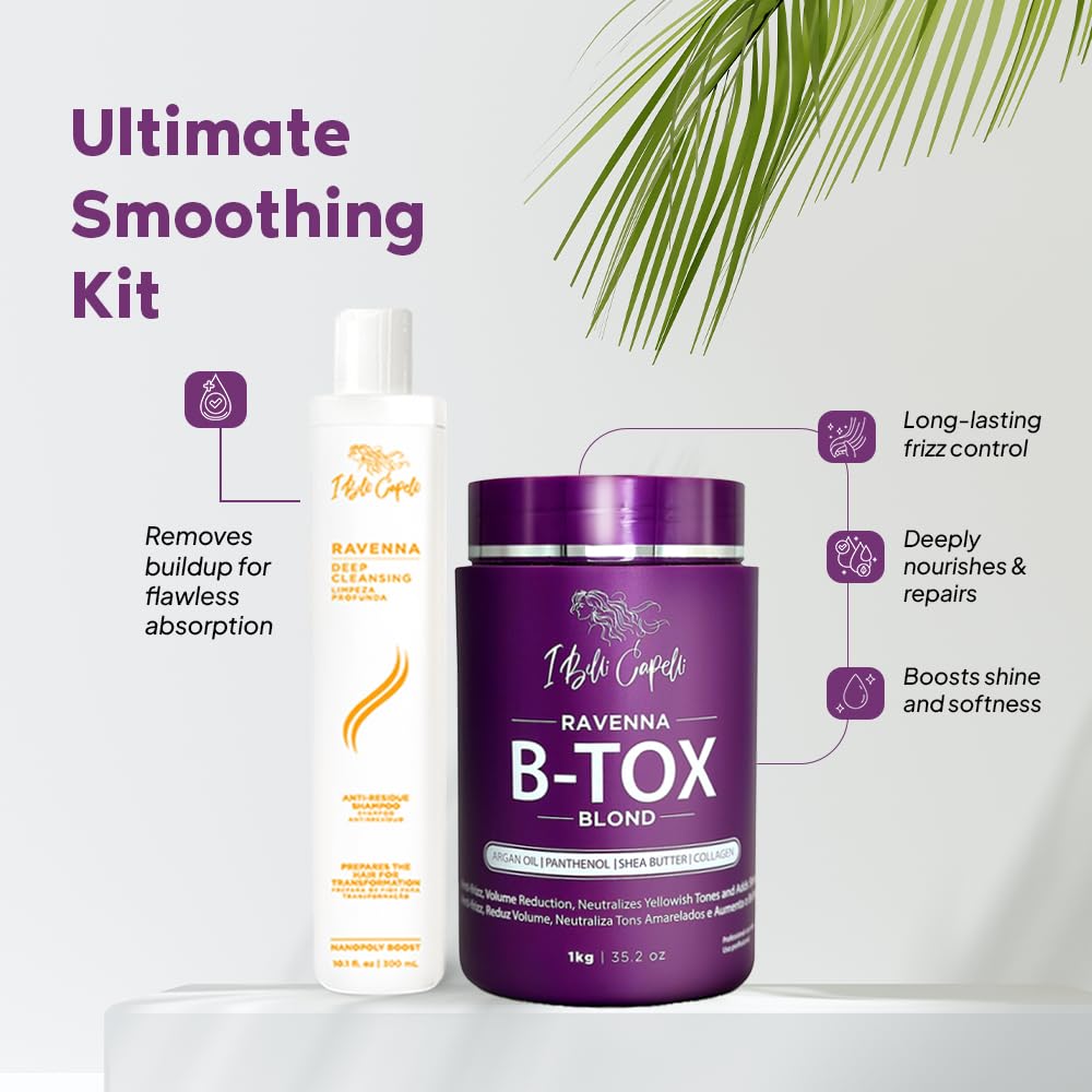 I Belli Capelli Ravenna Blond B-tox Hair Treatment Kit - 1kg/35.02 oz Hair B-tox + 300ml/10.1 fl.oz Anti-Residue Clarifying Shampoo for Longer Effect