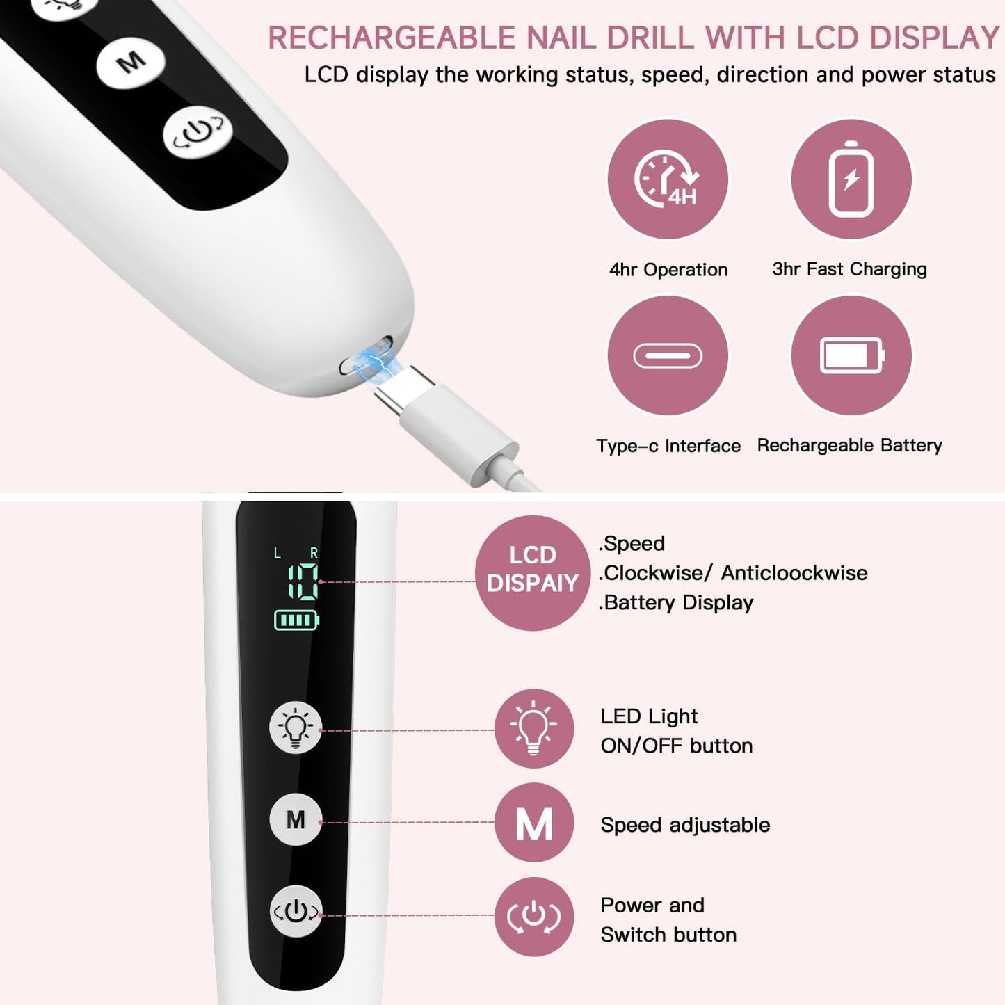Electric Nail File Set, 9 in 1 Professional Manicure and Pedicure Kit, Cordless Nail Drill for Feet, LCD Display 10 Speeds Electric Nail Drill Machine, Hand Foot Care Tool