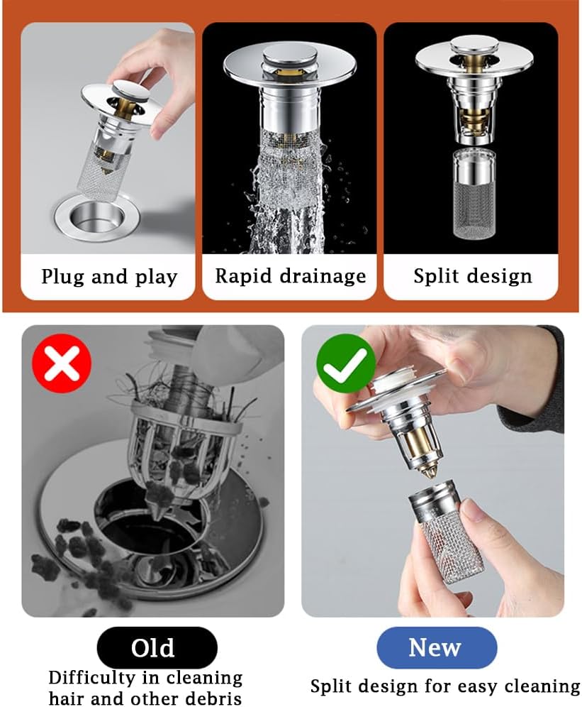 2Pcs Bathroom Sink Stopper for 1.1”-1.3”, Pop Up Sink Drain Filter with Removable Stainless Steel Filter Basket Hair Catcher, for US Universal Kitchen Bathroom Basin Sink Stopper Replacement