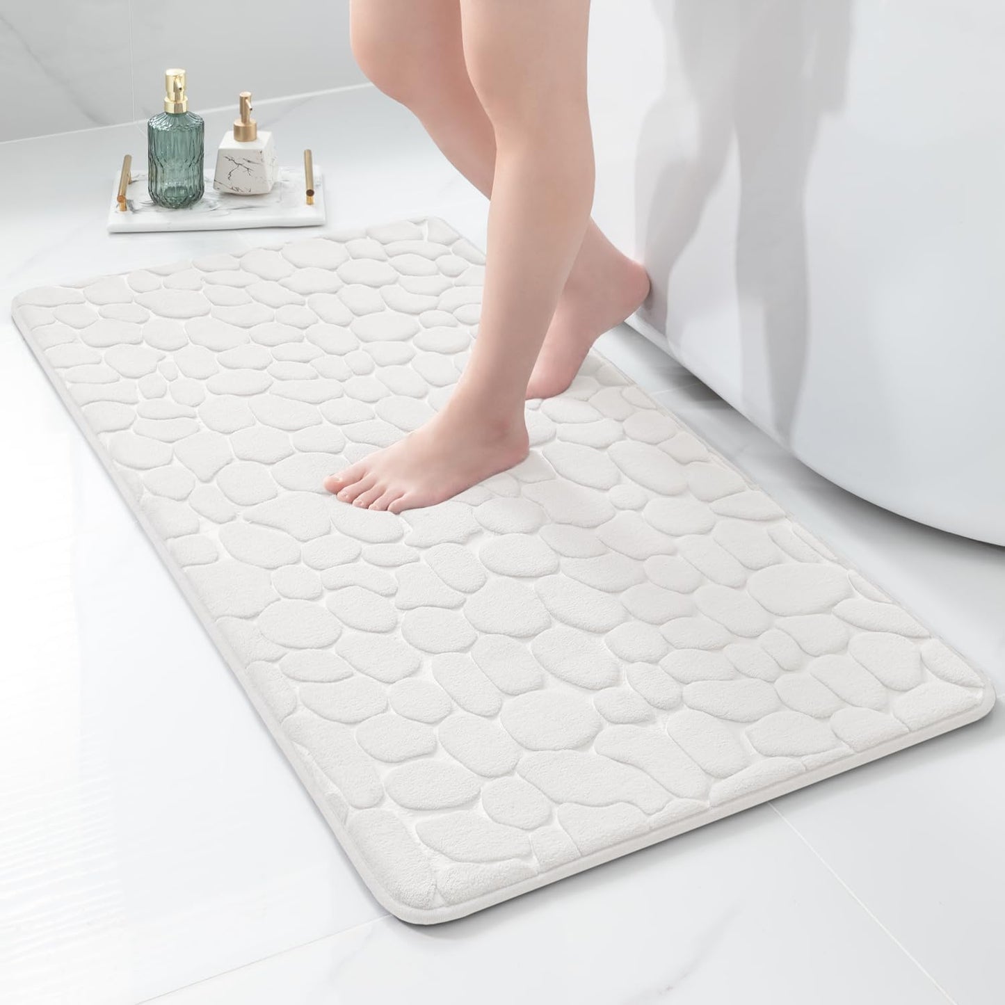 YIHOUSE Memory Foam Runner Rug, Cobblestone Bathroom Runner Rugs Super Water Absorbent Bath Mats for Bathroom Machine Washable Bath Rugs Runner for Hallway Bedroom Laundry Room(24 x 47,White)
