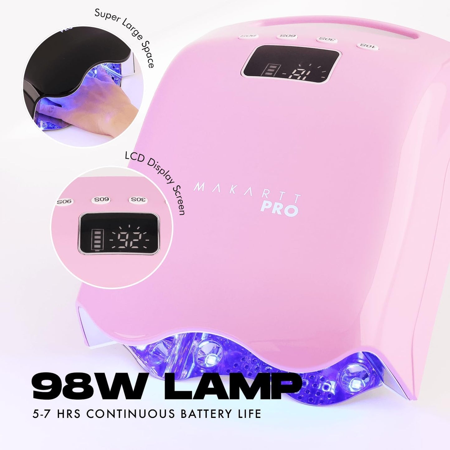 MakarttPro LuxuriaPro 98W Professional UV LED Nail Lamp | 42 Powerful LEDs for Fast and Efficient Curing Gel Nails | Rechargeable 5200mA Lithium Battery | Cordless Nail Dryer - Baby Pink