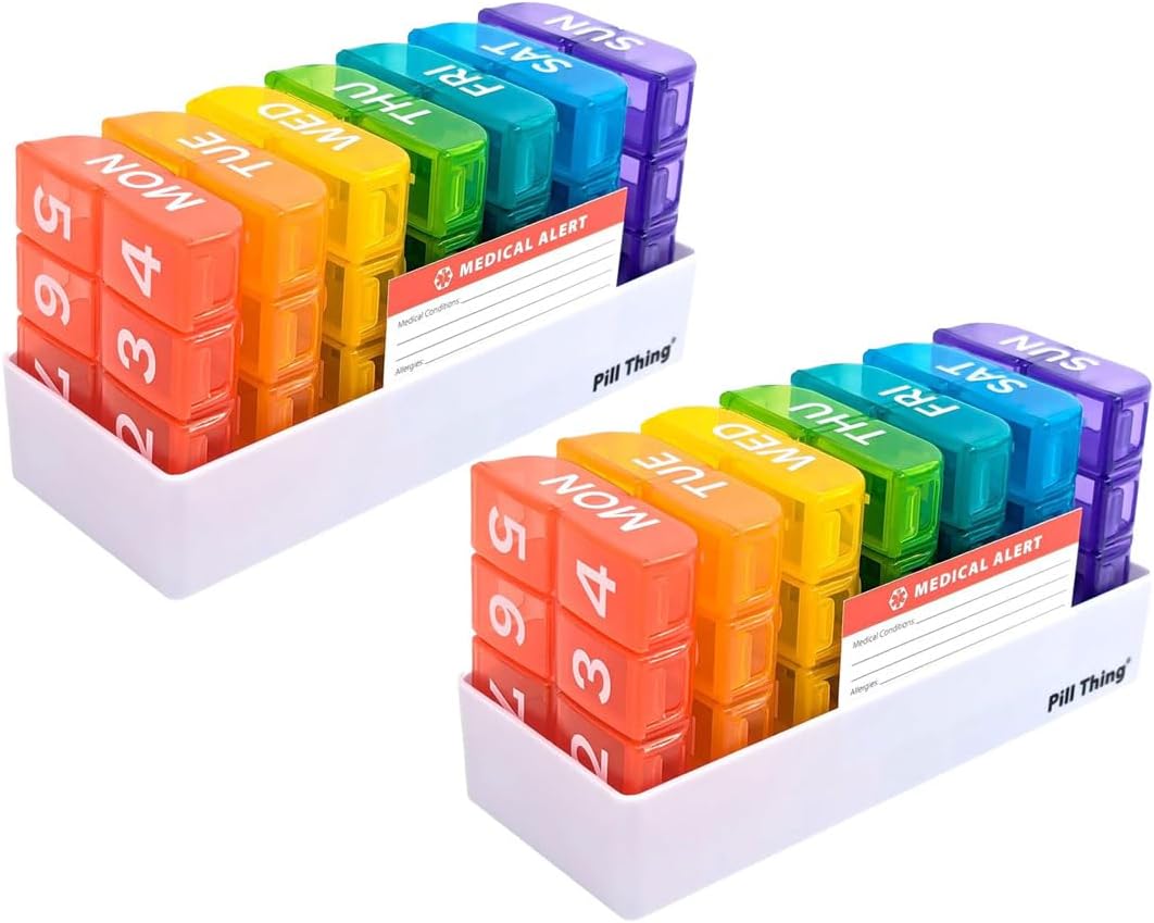 6 Times a Day, 7 Day Large Weekly Pill Organizer with Holder Tray, Vitamin, Medicine Box, Multicolor with Medical Alert Card (8X a Day - 2 Pack)