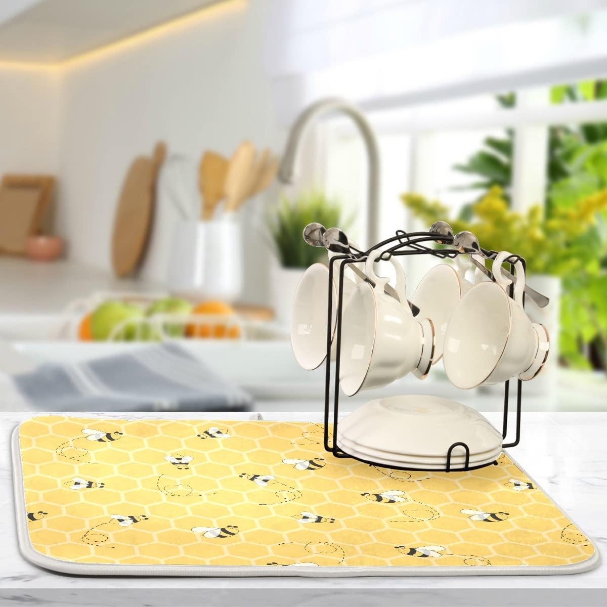 Funny Bees Honey Dish Drying Mat 18x24 for Kitchen Counter Yellow Bumblebee Beehive Dishes Pad Absorbent Fast Dry Dish Draining Mats Large Kitchen Accessories