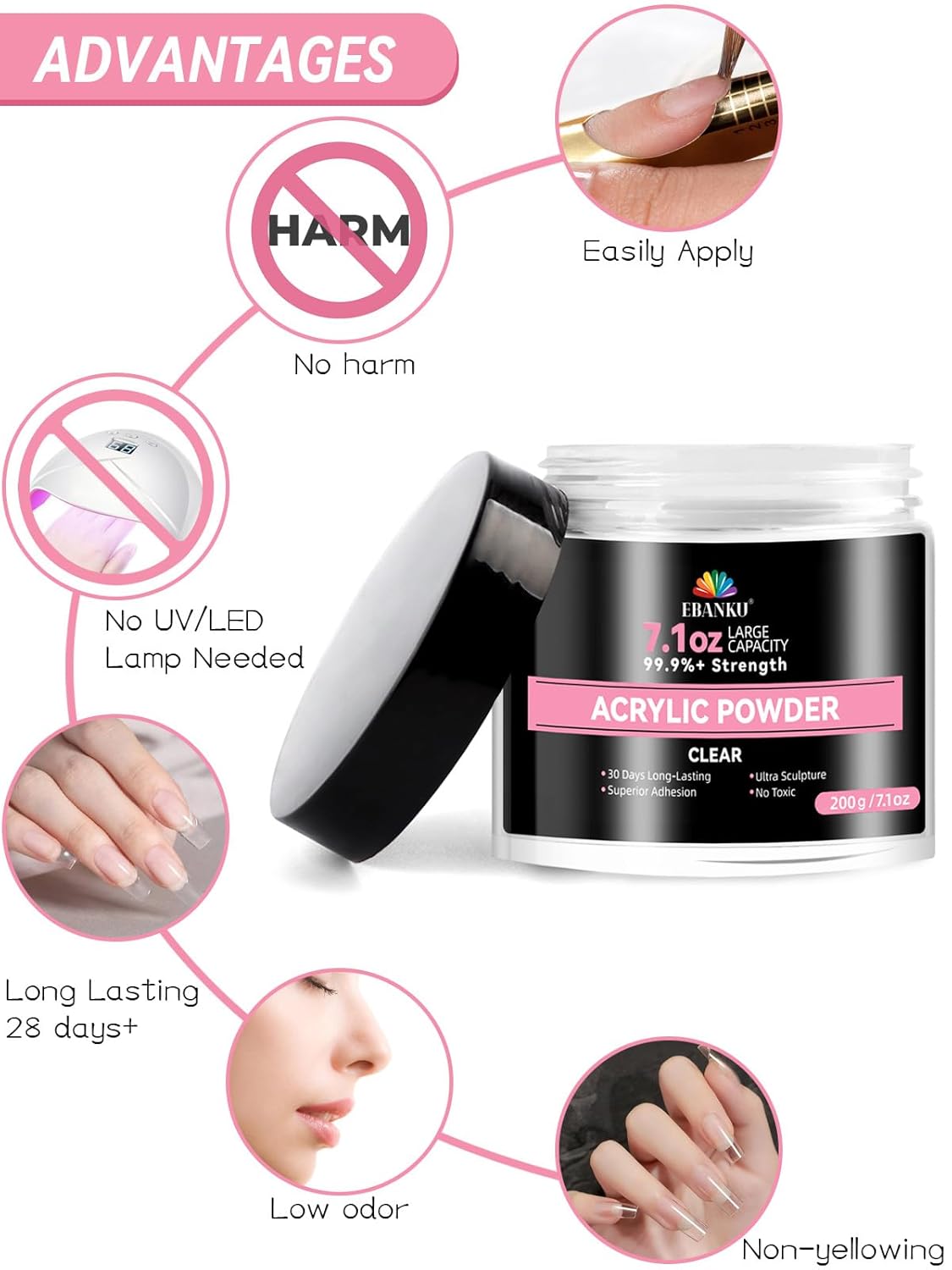 EBANKU 7.1oz Clear Acrylic Powder, Crystal Transparent Acrylic Nail Powder for Nail Extenstion, Professional Nail Powder for French Manicure, Nail Carving, Long-Lasting, No Lamp Needed