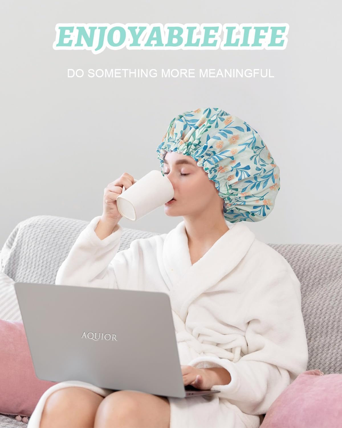 Aquior Shower Caps, Double Layer Waterproof Shower Cap for Women, Reusable Large Shower Cap for all Hair Lengths with EVA Lining, Soft Bath Shower Caps