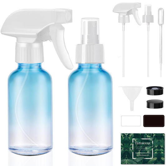 Tecohouse Glass Spray Bottles 4 oz, 2 Pack Spray Bottles for Hair Empty Refillable Fine Mist Sprayer with Labels, Funnel, Pipettes Blue