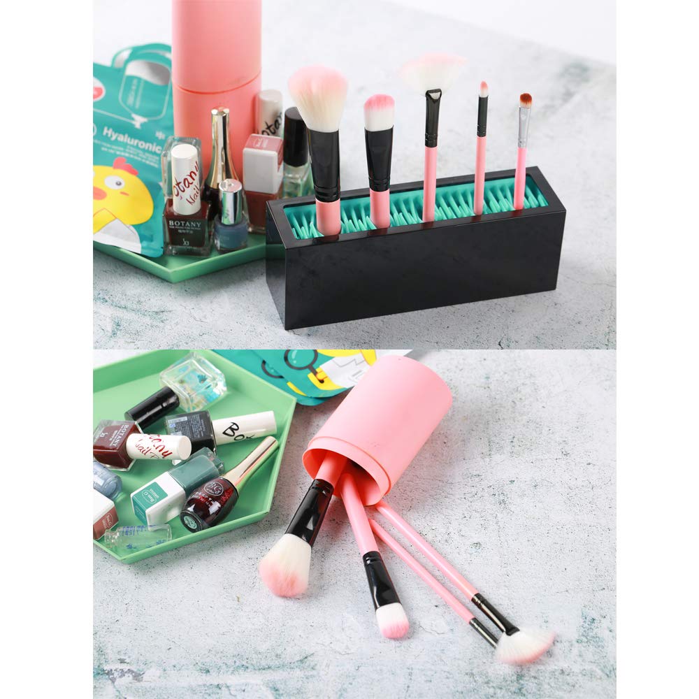 Makeup Brushes Holder Organizer, Silicone Vanity Air Drying Rack Display Storage for Brush, Eyeliners and More, Practical Cosmetic Tools Container (Blue-White)