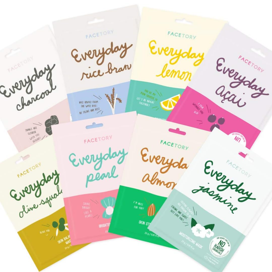 FACETORY K Beauty Face Mask Skin Care - EVERYDAY 8 COLLECTION Sheet Mask Set | Natural Premium Korean Face Mask For All Skin Types - No Sulfates No Parabens (8 pc)