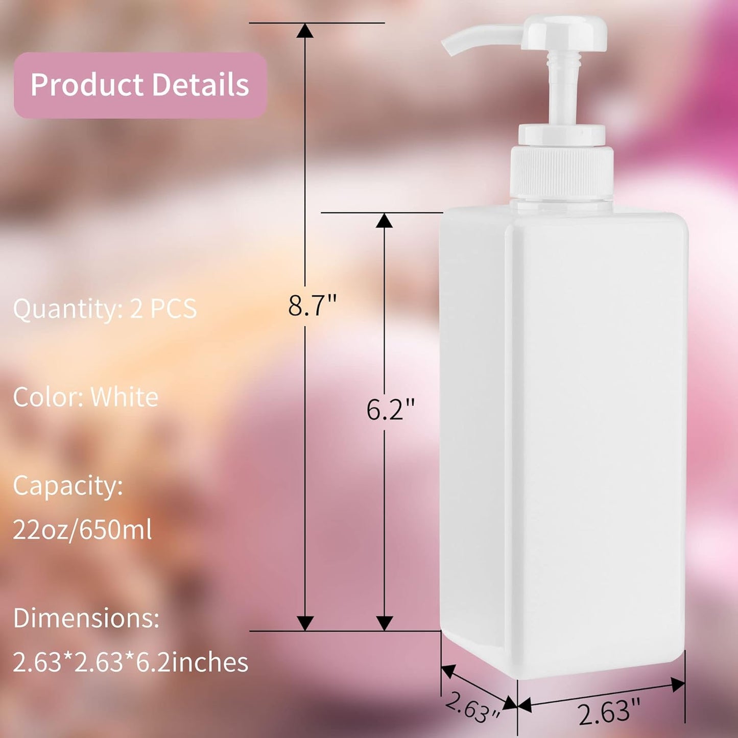 Pump Bottle Dispenser 22oz/650ml Jansburg 2Pack Refillable Square Plastic Lotion Dispenser Empty Lotion Pump Bottle for Essential Oil Lotion, Shampoo, Bathroom Travel White