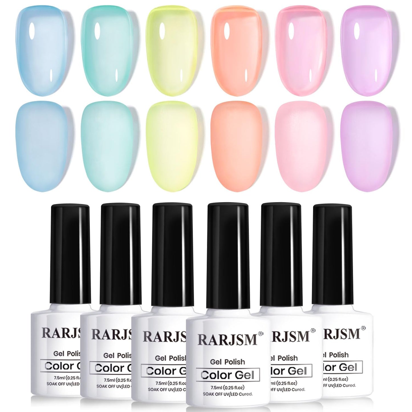 RARJSM Pastel Stained Glass Gel Nail Polish Set 6pcs Clear Orange Yellow Blue Pink Purple Crytal Transparent Jelly Series Sheer Amber Gel Varnish LED UV Curing Requires Spring Easter French Manicure
