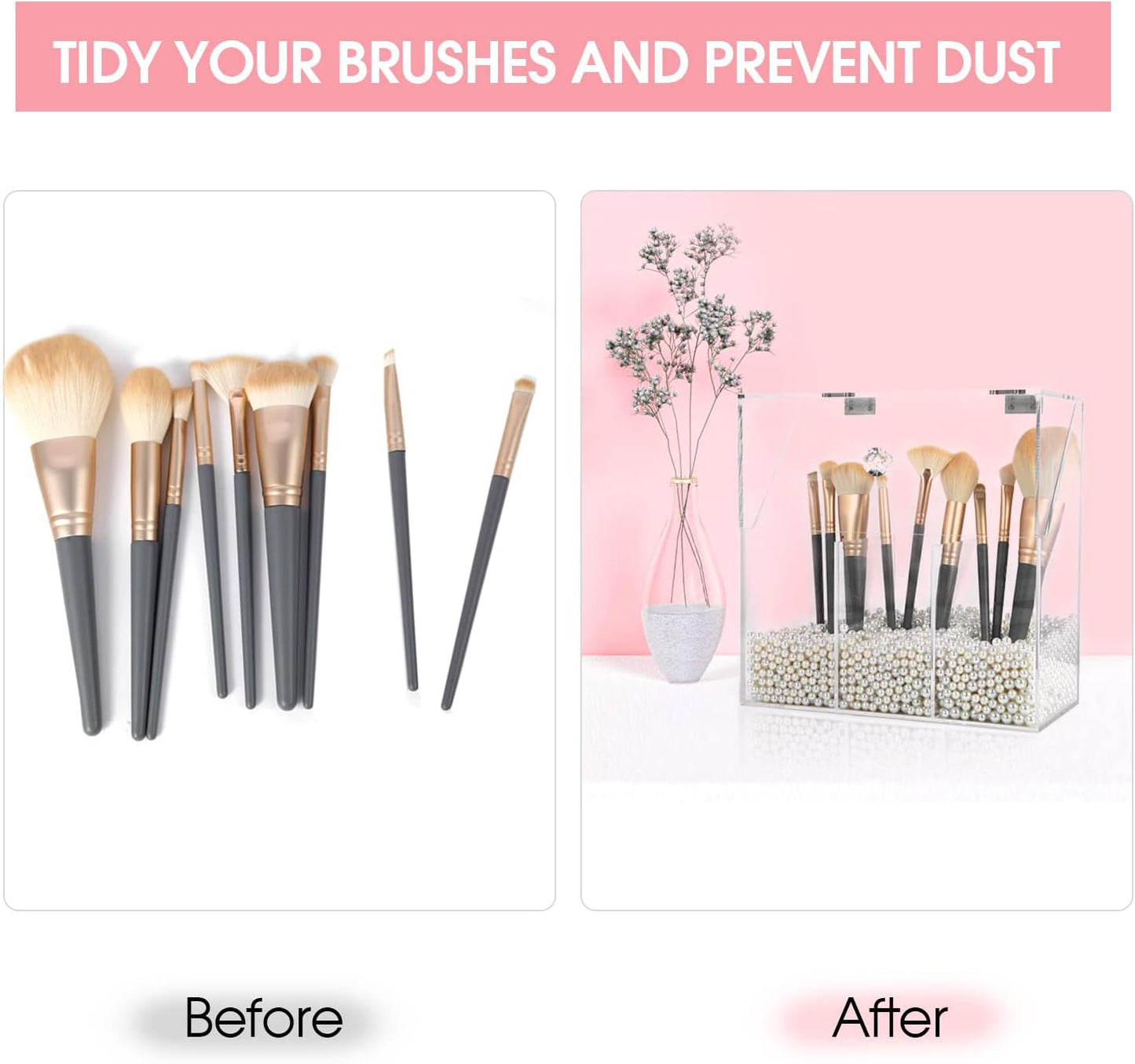 Acrylic Makeup Brush Holder, Clear Cosmetic Storage Box with 3 Brush Holders, Dust Cover, Large-Capacity Split Design for Organizing Vanity Desk