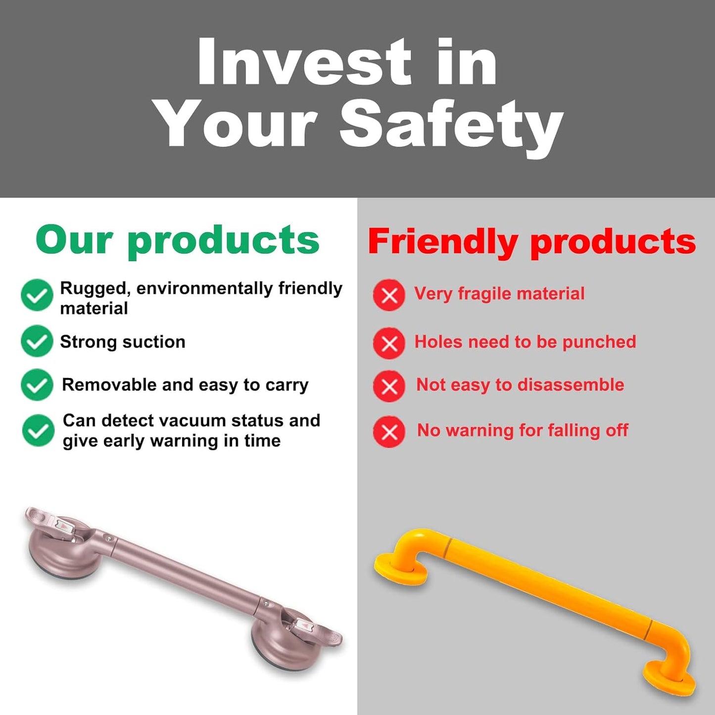 Heavy Duty Suction Shower Grab Bar - Toilet Bathroom Bathtub Safety - Shower Handles, Suction Cup Power Up to 250 LB, Perfect for Elderly Seniors18.5 Inch, Rose Gold