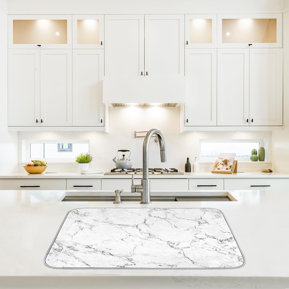 Dish Drying Mat White Gray Marble Texture Large Drying Mat for Kitchen Counter 18x24in Absorbent Dish Drainer Rack Pad, Heat Resistant Coffee Bar Mats Countertop Protector