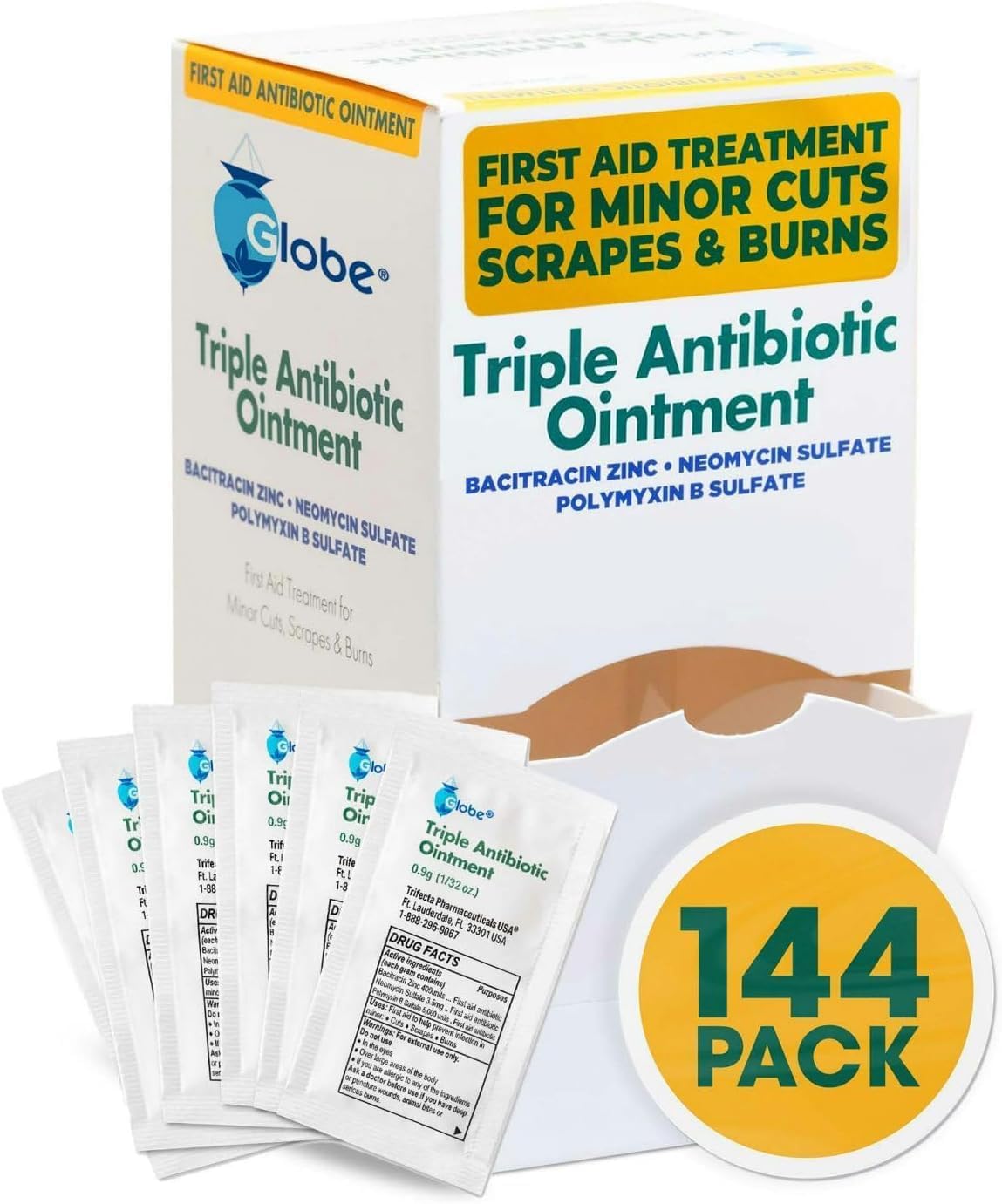 Globe (144 Pack) Triple Antibiotic Ointment 0.9g Single Packet, First Aid Kit for Minor Scratches, Wounds, Cuts and Burns, Prevents Infection Active Ingredients Compare to Leading Brand, Travel Size