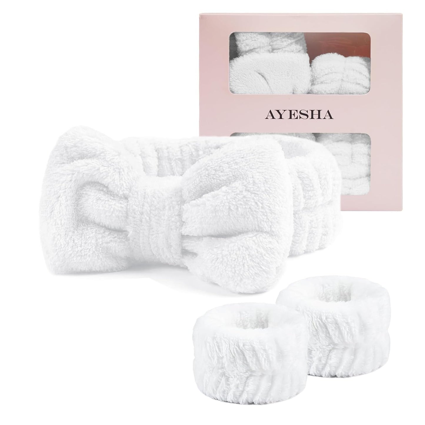 Ayesha White Spa Headband and Wristband Set for Skincare Makeup Headband Wrist Cuffs for Washing Face Bubble Skincare Hairband for Women Girls (White set)